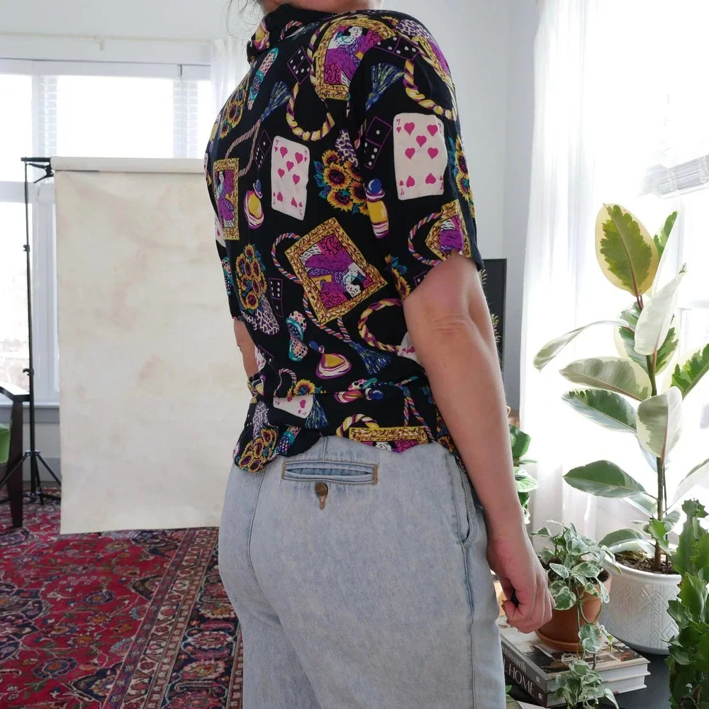 vintage button up shirt collared black multi-color mardis gras graphic printed M - Picture 3 of 5